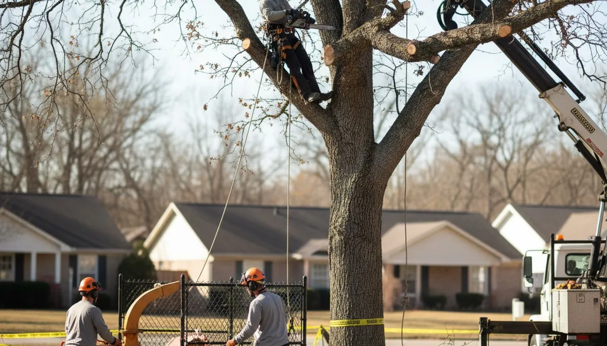 Memphis, TN tree removal crew safely removing a hazardous tree from a residential property